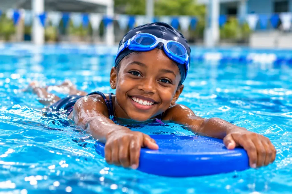 Joyful Swimmer With Blue Kickboard Kids Water Funtime