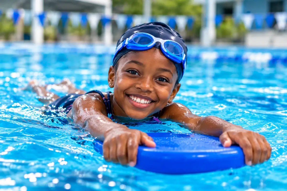 Joyful Swimmer With Blue Kickboard Kids Water Funtime
