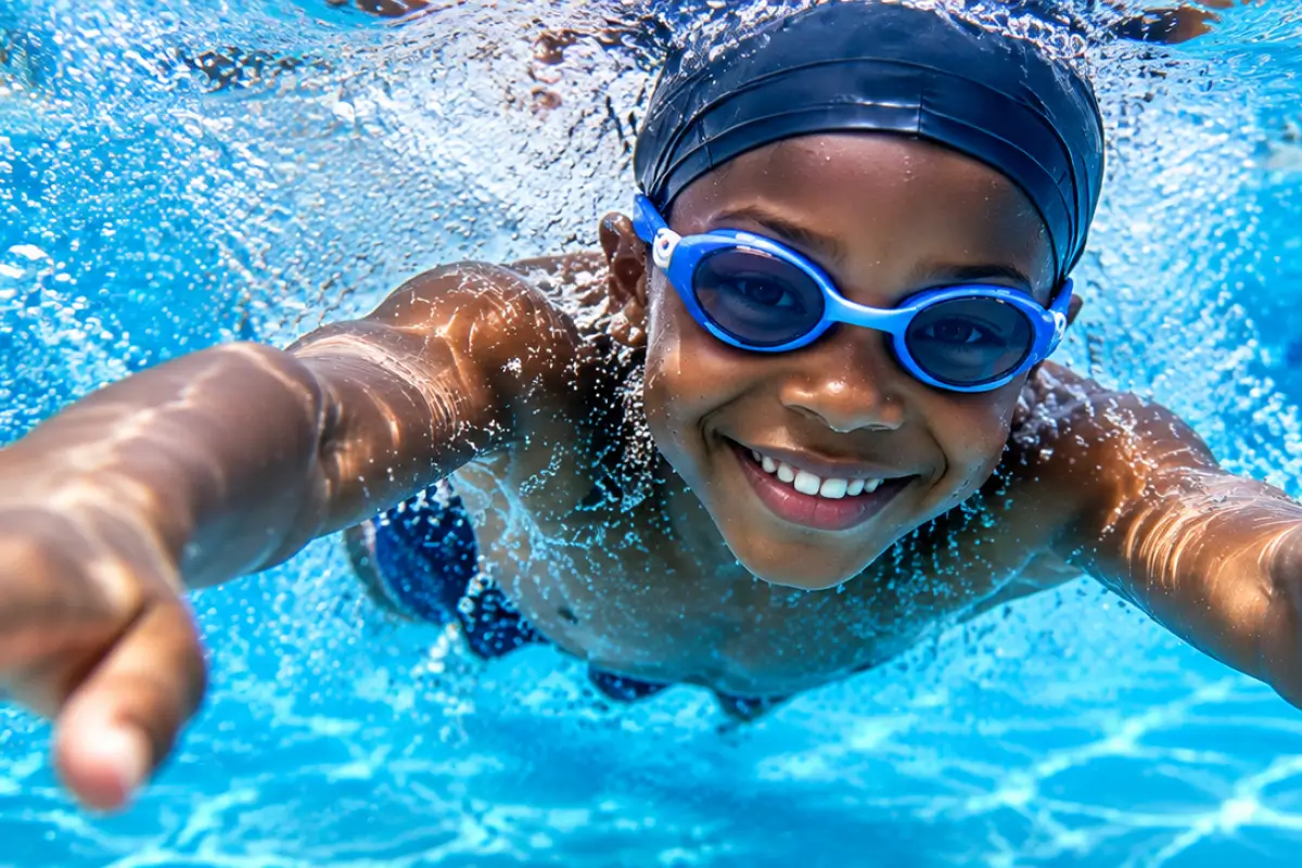 Joyful Underwater Swim Toward Camera Kids Swimming Lessons