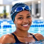 Smiling Swimmer in Turquoise Pool Swimming Coach